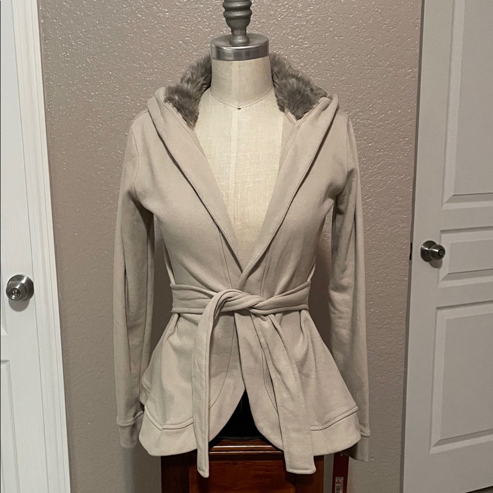 Women's Cream Hooded Jacket with Faux Fur Trim